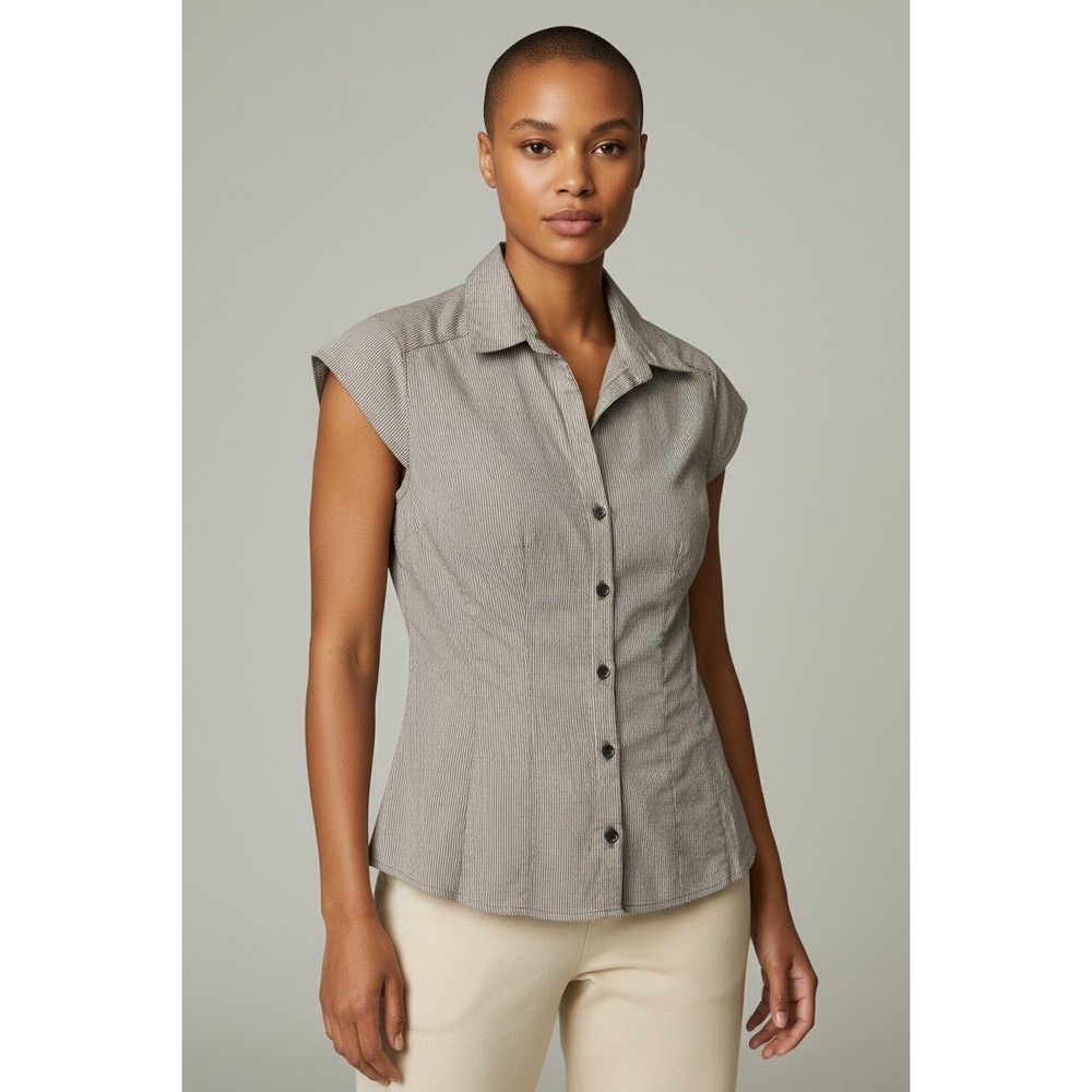 HM Womens Pinstripe Seersucker Cap Sleeve Button Down Shirt Taupe US 4